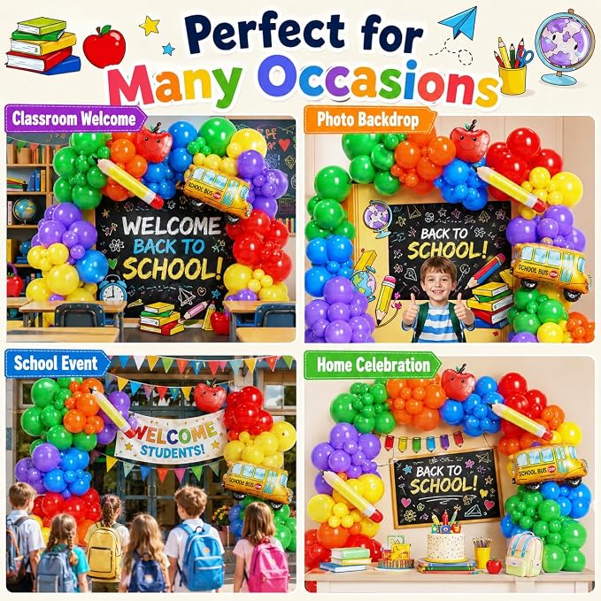 152Pcs Back to School Balloon Arch Garland Kit, Rainbow Latex Balloons and School Bus Apple Pencil Foil Balloon for Classroom Kindergarten Party Decorations, Back to School Event Supplies