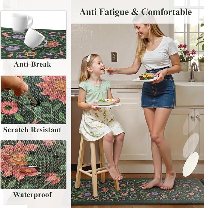 Collive Kitchen Mats for Floor, Cushioned Anti Fatigue Mat Green Floral Rugs 2 Piece Non Skid Waterproof Sink Rug, Memory Foam Comfort Standing Mat for Office, Laundry, Desk, 17.3"x29"+17.3"x47"