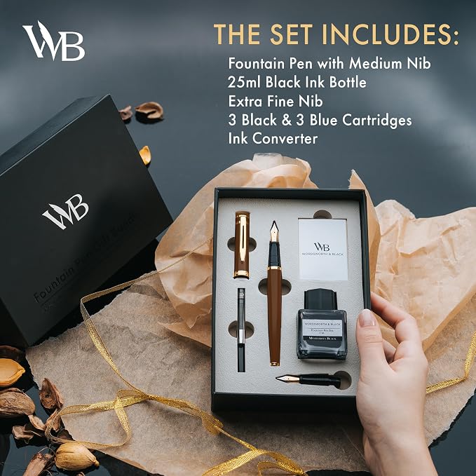 Wordsworth & Black Fountain Pen Set, 18K Gilded Medium and Extra Fine Nib, 25ML Black Bottle, 6 Ink Cartridges, Refill Converter, Smooth Writing Pens [Brown Gold], Gift Set for Men and Women