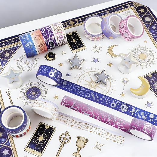 12 Rolls Galaxy Washi Tape Set Purple Stars Decorative Tapes Silver Gold Foil Masking Tape for Scrapbook Bullet Journal Planner DIY Art Craft Party Decor Gifts Wrapping