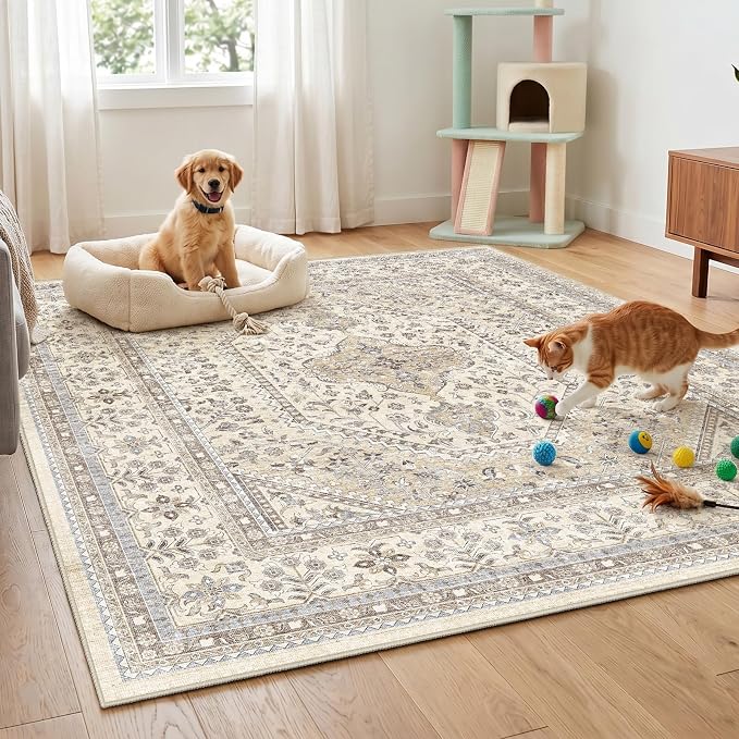 Puino 9x9 Square Area Rug - Washable Oriental Large Rugs for Living Room Soft Non-Slip Backing Indoor Carpet for Bedroom Low Pile Stain Resistant Floor Mat for Dinning Room Home Decor Beige/Gray