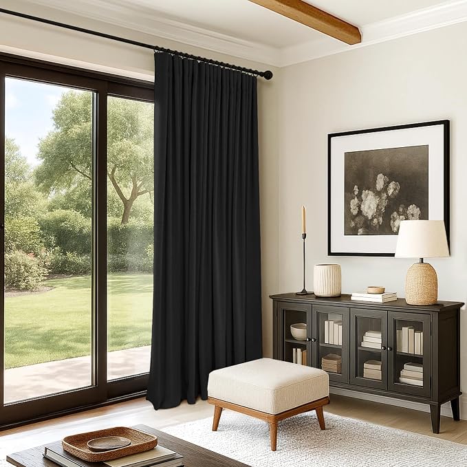 INOVADAY 100% Blackout Curtains for Bedroom, Black Out Curtains 96 Inch Long, Clip Rings Linen Blackout Drapes, Thermal Insulated Room Darkening for Living Room, 1 Panel - Black,W102xL96