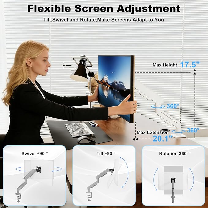 THEARK Single Monitor Desk Mount 17"-32" Screens - Adjustable Mechanical Monitor Arm Computer Monitor Stand up to 19.8 lbs,VESA Arm Desk Mount with C-Clamp and Grommet Base,VESA 75x75/100x100mm,Silver