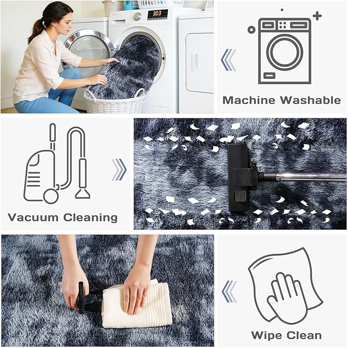 Area Rugs for Living Room Bedroom 9x12, Ultra Fluffy Shag Rug Modern Washable Carpet Soft Shaggy Non Slip Indoor Plush Fuzzy Rugs for Bedroom Dorm Office Home Aesthetic Decor, Tie-Dyed Blue Grey
