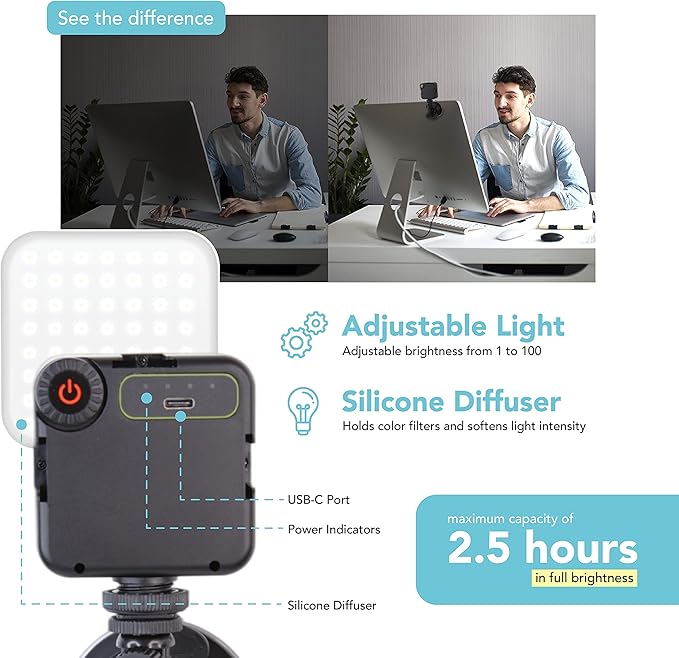 Foto&Tech Dimmable LED Laptop Lighting Kit, Rechargeable 2100mAH Light Panel with Diffuser and Strong Suction Cup, Video Camera Light for Web Conference Zoom Call Online Broadcast Live Streaming