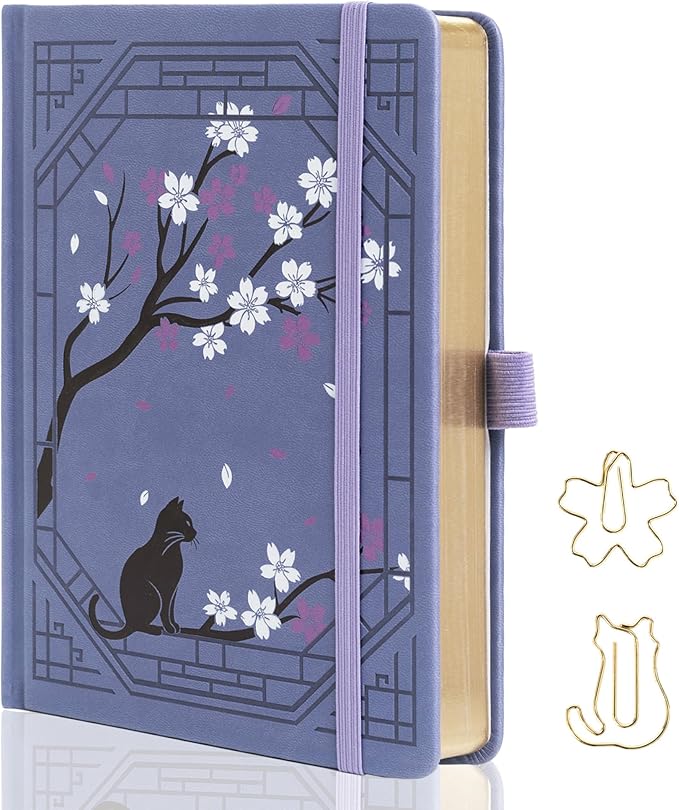 TIEFOSSI A5 Lined Journal, Cute Cat Journal for Women Girls, College Ruled Notebook with Pretty Sakura Pattern, Aesthetic Diary for Writing Journaling Drawing, Golden Edges