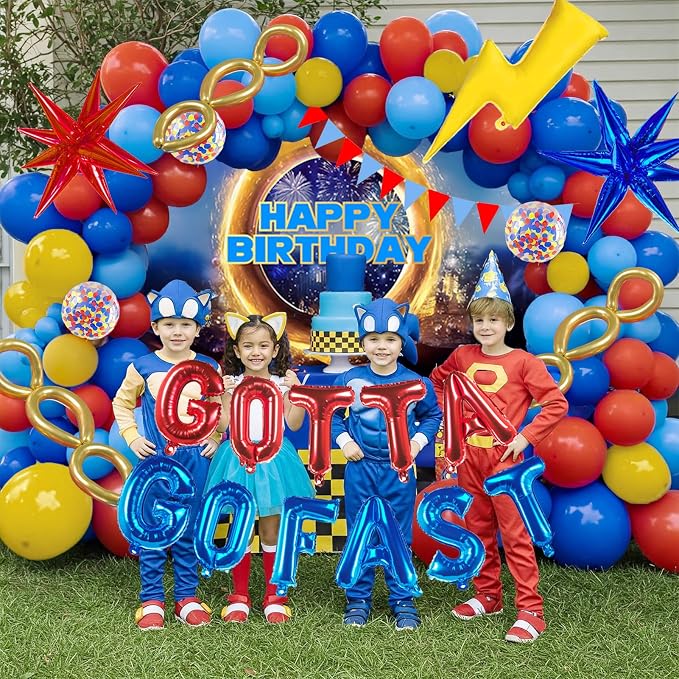 Red Blue Yellow Hedgehog Birthday Party Decorations with Letter Lightning foil balloons Banner backdrop for small balloon arches video game Cartoon Movies Super hero themed birthday party decor