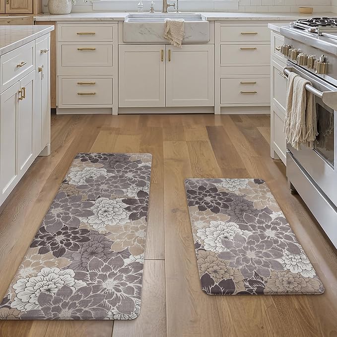 GENIMO Anti Fatigue Kitchen Mats for Floor 2PCS, Cushioned Standing Mats | 20"x32"&20"x48", Coffee Brown vintage floral rug set, waterproof, non slip, easy-clean for farmhouse
