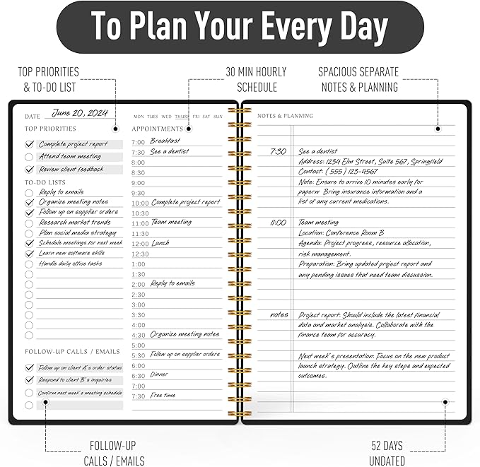 Daily Planner with Hourly Schedules - Undated To Do List Notebook for Work and Study, Spiral Bound, 5.5" x 8.5", Easily Manage Tasks and Appointments - Black