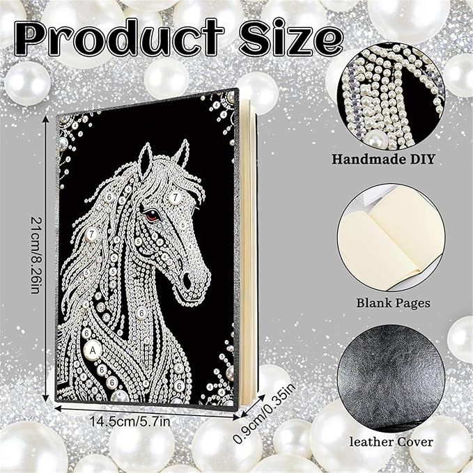FRANDEK Pearl Painting Notebook Kit, Black and White Horse A5 DIY Journal with 50 Blank Pages, Diamond Gem Art Cover with Waterproof Canvas, Beginner Craft Set with Full Tools for Adults