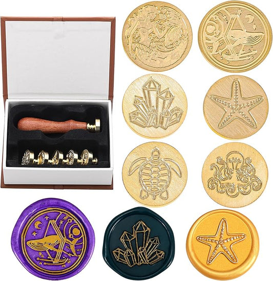 Yoption 6 Pcs Wax Seal Stamp Set, Ocean Crystal Mermaid Sealing Wax Stamps Kit, Wooden Handle with Brass Head for Wedding Christmas Invitation Gift Cards