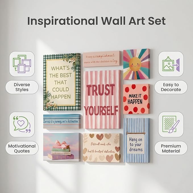 9-Pieces Framed Canvas Set Motivational Wall Decor Office Inspirational Wall Art Motivational Quotes Posters Positive Affirmation Office Wall Decor Office Wall Art Living Room Bedroom Prints Artwork