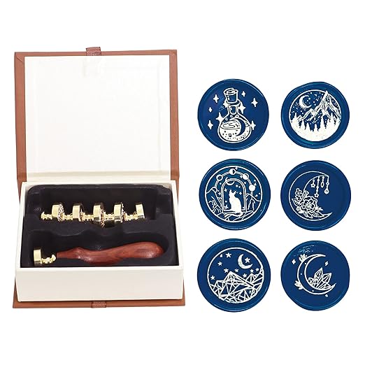 SWANGSA Wax Seal Stamp Set, Vintage 6 Pieces Moon Series Sealing Stamp Heads and 1 Wooden Handle Wax Seal Kit