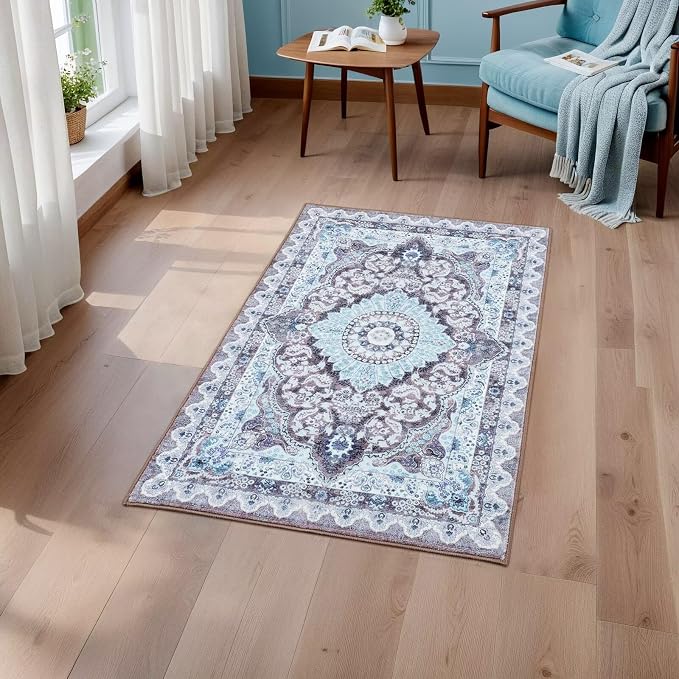 Macgace 2x3 Small Area Rug for Entryway, Soft Washable Rugs with Non-Slip Backing for Bedroom Kitchen, Vintage Throw Carpet Laundry Entry Door Decor, Blue & Brown