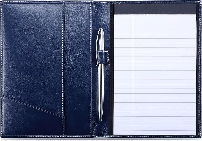 HISCOW Slim Leather Junior Padfolio, 5x8 Notepad Cover, Antiqued Blue | Full-grain buffalo leather, top-loading legal pad holder, rigid pen loop, quick-access card slot, zipperless boardroom design