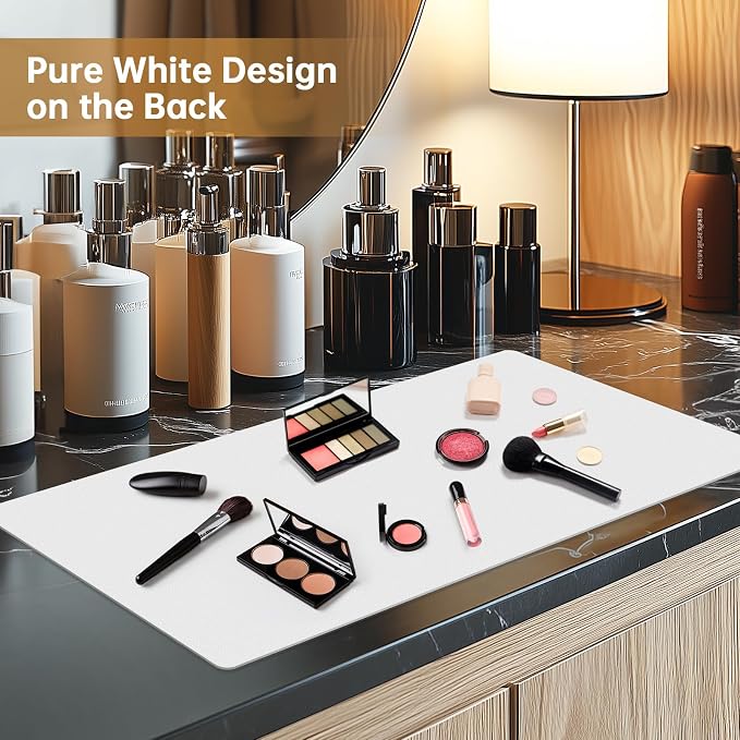 Dual-Sided Synthetic Leather Decorative Makeup Mat for Crafting, Furniture Protection, Scratch & Stain Resistant Surface Desk Pad, Waterproof Easy to Clean Vanity Protector (White Camellia)