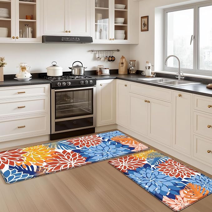 Arenarug Kitchen Mats for Floor 2PCS Cushioned Anti Fatigue Kitchen Mats Waterproof Non Slip Kitchen Mat Rug Set Comfort Foam Standing Mat for Sink, Laundry, Office,17.3" x 28" + 17.3" x 47", Red Blue