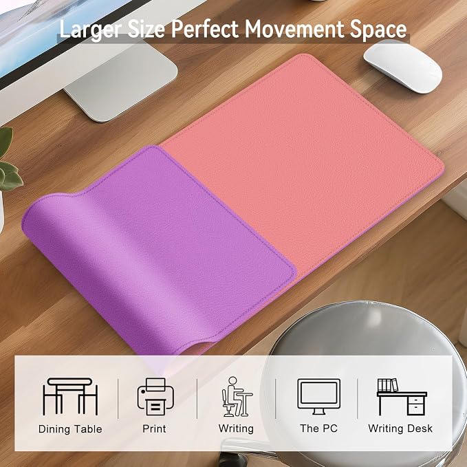 Dual Sided Leather Desk Mat - Waterproof Desk Pad - Ideal for Large Mouse Pad and Desk Mats on Top of Desks (Pink, 33"*13")