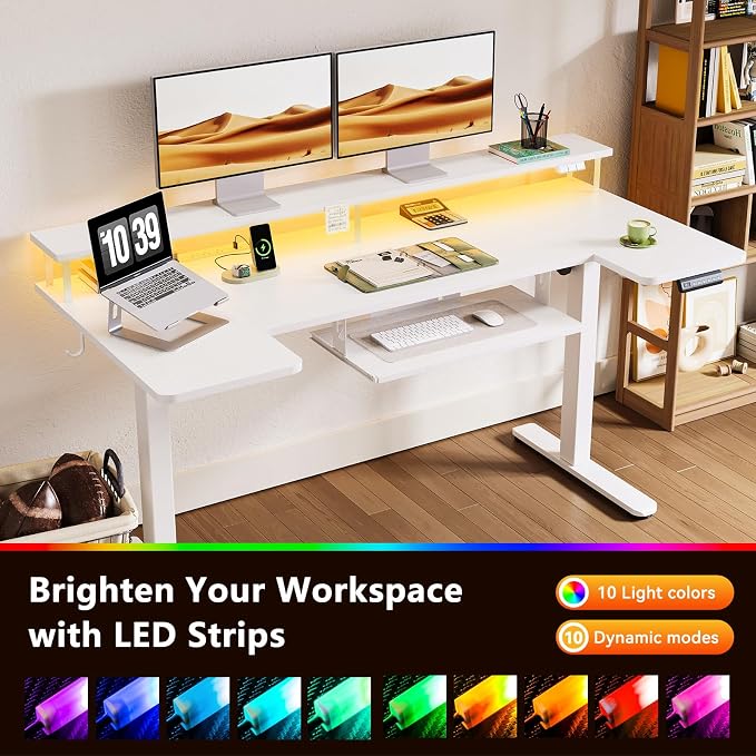 OffiGo U Shaped Electric Standing Desk with Keyboard Tray, 63 Inch Height Adjustable Desk with Power Outlets & LED Lights, Sit Stand Table with Monitor Stand for Home, Office, White