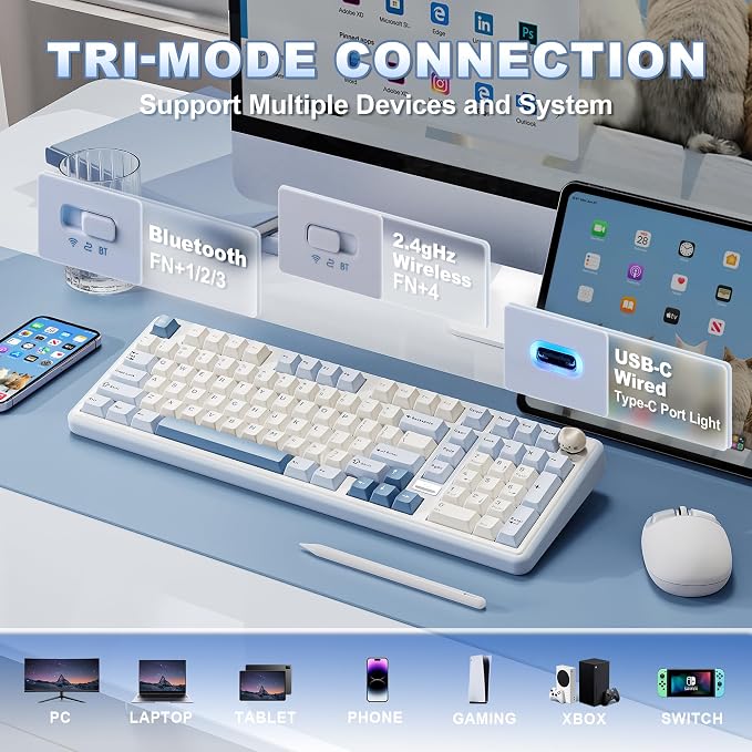 YUNZII B98 PRO QMK/VIA Wireless Mechanical Gaming Keyboard,96% Layout with Numpad and Cute Cat Knob, BT/2.4G/USB-C,Linear Switch Hot Swap Gasket,RGB for Win/Mac (Blue, Milk V2 Linear Switch)