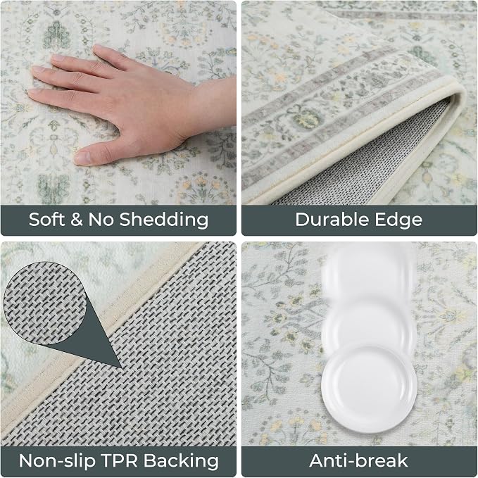 GRANNY SAYS Boho Kitchen Rug Sets of 3, Non Slip Washable Faux Wool Kitchen Mats for Floor, Thick Soft Anti-Fatigue Comfort Standing Mat Runner Rugs for Hallway Laundry Room, Green & White