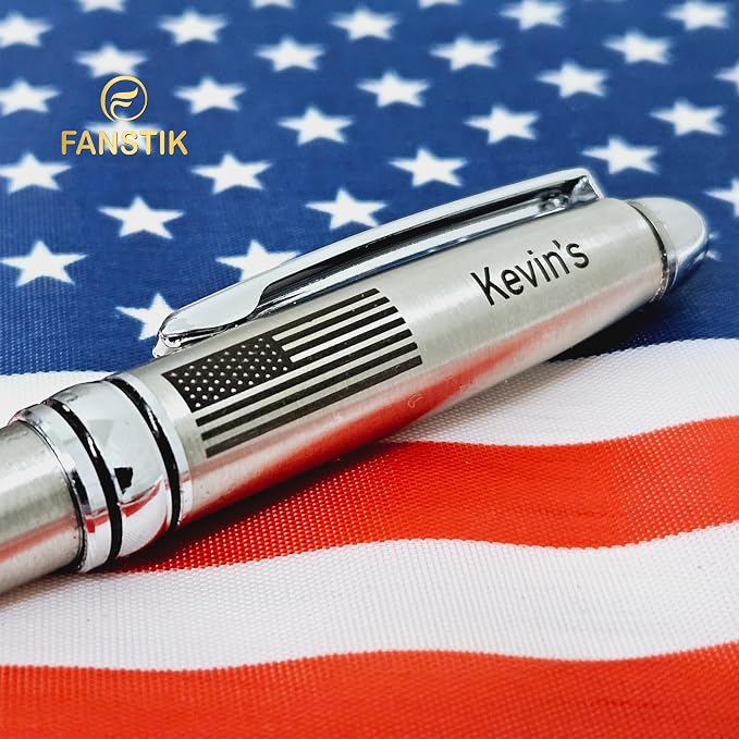 FANSTIK Customized BallPoint pen with name and US Flag (MADE IN USA), stainless steel, silver, luxury engraved pen personalized for men and for women. (BallPoint US-Flag)