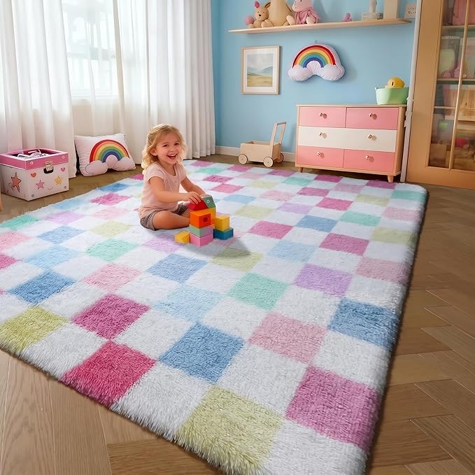 KICMOR Pink Rainbow Checkered Rug for Living Room, Fluffy Soft Colorful 5x8 Area Rug Fuzzy Shag Shaggy Bedroom Carpet, Cute Indoor Plush Rugs for Teen Kids Girls Dorm Nursery Home Decor Aesthetic