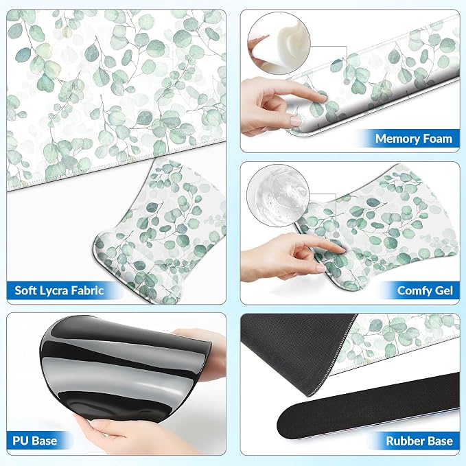 Desk Mat Set + Keyboard and Mouse Pad with Wrist Rest Support,4-in-1 Large Mousepad Computer Mats for Desktop Home & Office -Eucalyptus