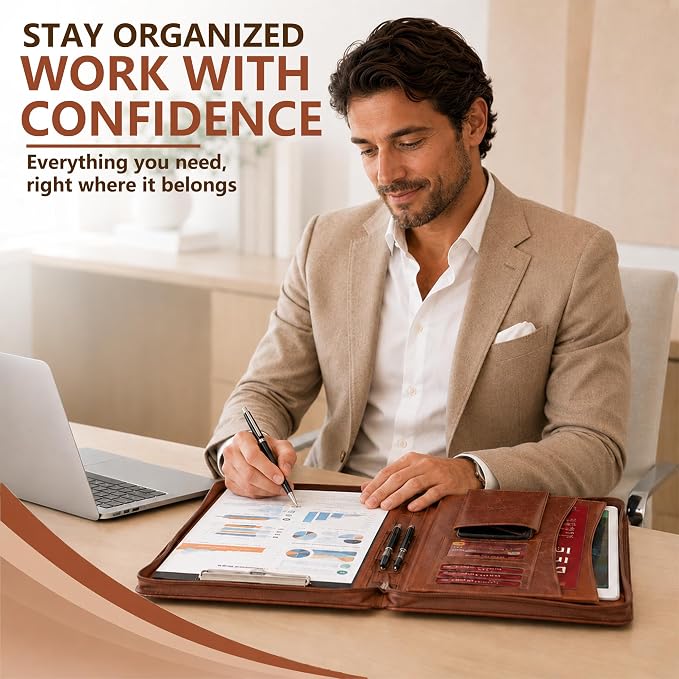 Darolin Vegan Leather Padfolio Portfolio with Handle, Zipper -Brown | Business Portfolio Organizer for Meetings, Interviews, Travel, Resume, Clipboard Fits A4, Letter Size, Padfolio for Men Women