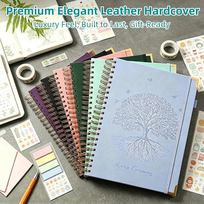 Spiral Notebook Bullet Dotted Journal, 300 Pages Thick No Bleed Paper Hardcover Journaling Notebooks, Leather Dot Grid Notebook for Planning, Lay Flat Large Notebook for Women Men, A5 Notebook, Green