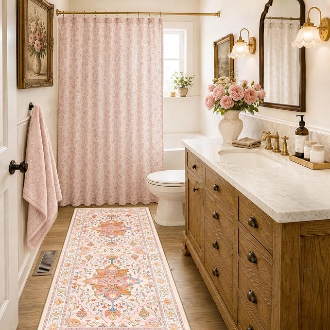 RELEANY Area Rugs Runner 2'x6' Washable Non-Slip, Floral Vintage Distress Medallion Carpet for Kitchen Hallway Bedroom Beside Laundry Room Bathroom, Light Pink Colorful