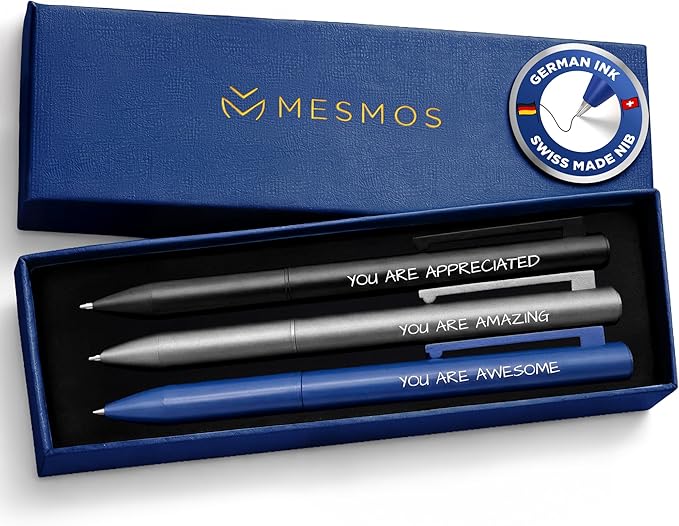 MESMOS 3pk Luxury Metal Ballpoint Pens, End of Year Teacher Gifts, Fancy Pens for Men, German Ink & Swiss Nib, 1mm Medium Tip, Thank You Gift Men, Cool Desk Accessories