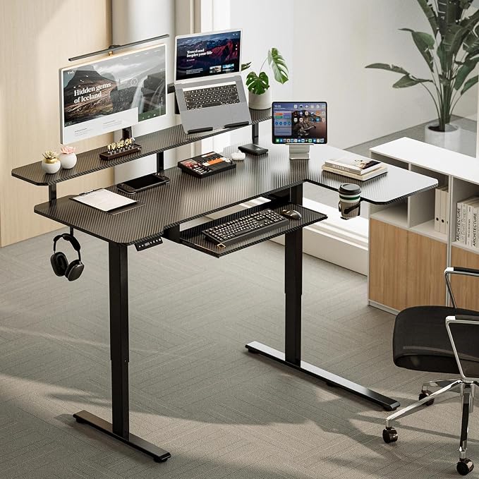 Acrolix 59 Inch L Shaped Standing Desk with Shelves and Keyboard, Electric Corner Standing Desk Adjustable Height, Sit Stand Computer Table with Reversiable Splice Board，Black Carbon
