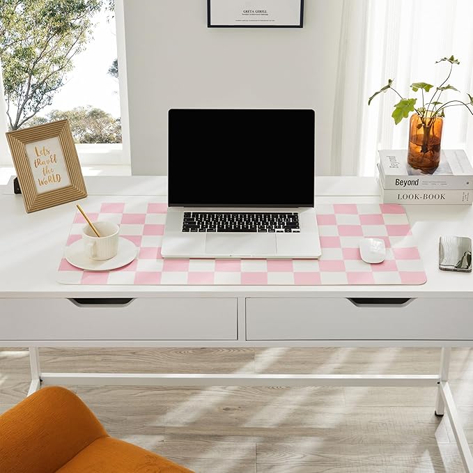 Checkered Desk Mat, Large Cute Aesthetic Retro PU Leather Computer Laptop Desk Mat, Non-Slip Waterproof Mouse Keyboard Pad, Desk Writing Mat for Work/Home (Pink, 23.6" x 13.7")