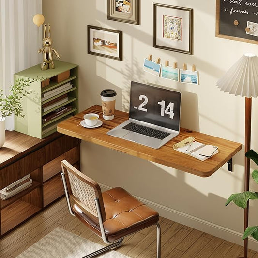 Dogsky Floating Wall Desk, 36" x 14" Wall Mounted Folding Table, Pine Wood Fold Down Wall Table, 200 lb Capacity Wall Mount Desk for Small Apartment,Laundry Room,Kitchen,Bar & Computer, Burning Yellow