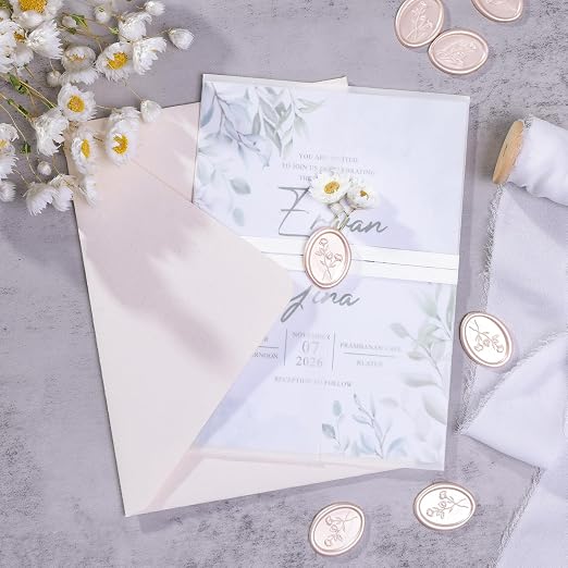 UNIQOOO Wax Seal Stickers - 3D Flower Oval Shape Wedding Invitation Envelope Seal Stickers, 50 Pcs Self- Adhesive Champagne Stickers, Perfect for Invitation, Christmas, Gift Wrapping