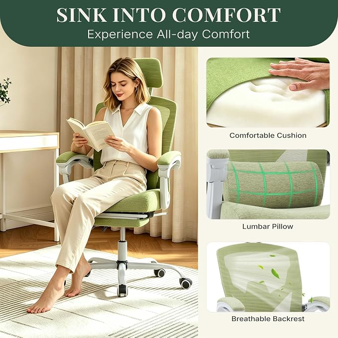 Ergonomic Office Chair with Footrest, High Back Home Desk Chair with Lumbar Support & Headrest, 90-135° Reclining Mesh Back Computer Chair with Wheels for Work, Gaming, Green