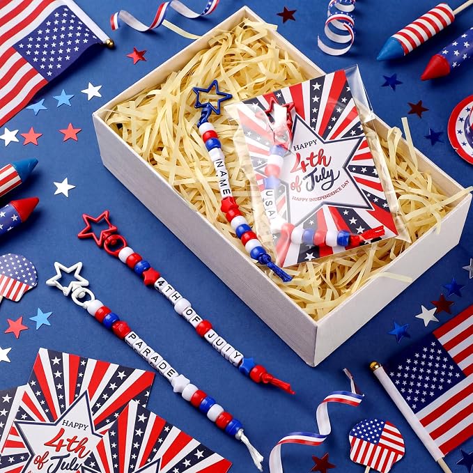 Suncalla 996 Pcs 24 Set 4th of July Crafts Patriotic Keychain Making Kit DIY Red White Blue Beads 250 Anniversary Cards Rope Kit American Flag Jewelry Party Favors for Independence Day Veterans Day