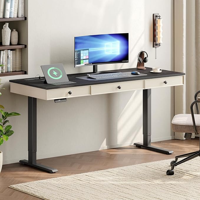 55 Inch Electric Standing Desk with 3 Drawers, Home Office Desk, Black | Computer Desks Retro Corner Table & Drawers, Height Adjustable Stand Up Desk with Storage & Outlets for Computer Workstation
