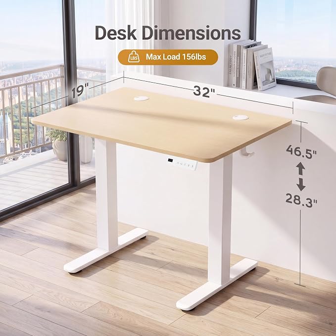 Claiks Electric Standing Desk 32x19 Inch Adjustable Desk, Nature | 156lbs weight capacity, 3 memory presets, industrial steel frame, cable management hub, adjustable height , easy assembly