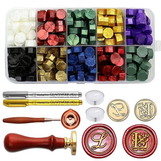 Letter Wax Seal Stamp Kit - Initial Alphabet L Stamp Head 2pcs, Vintage Monogram Stamps Wax Seal Kit with 200pcs Assorted Sealing Beads, Spoon, Metallic Gold Silver Pens