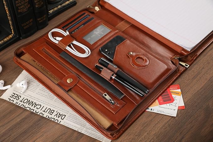 Leather Portfolio for 13-in iPad Pro M4/M5 & 13-in iPad Air M2/M3, Leather Padtfolio with ipad Holder for Letter Size Notepad, Personalized Padfolio for Men - Oil Brown