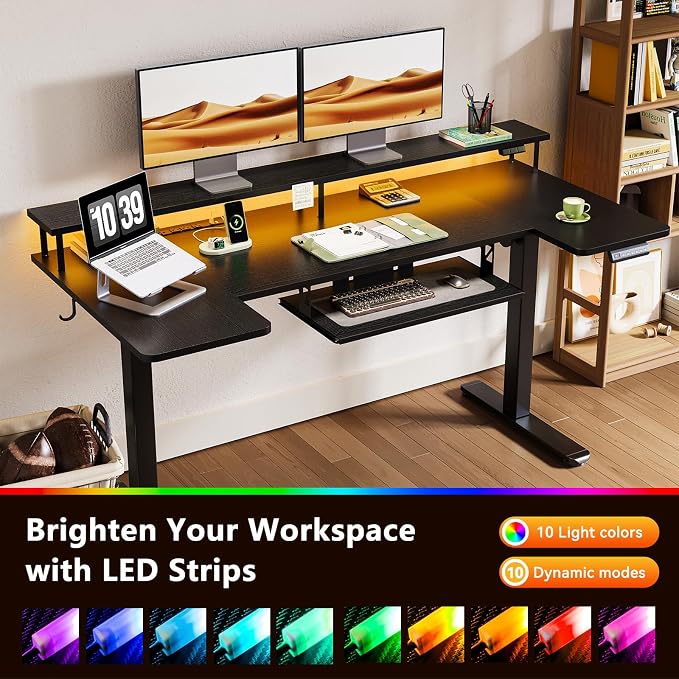 OffiGo U Shaped Electric Standing Desk with Keyboard Tray, 63 Inch Height Adjustable Desk with Power Outlets & LED Lights, Sit Stand Table with Monitor Stand for Home, Office, Black