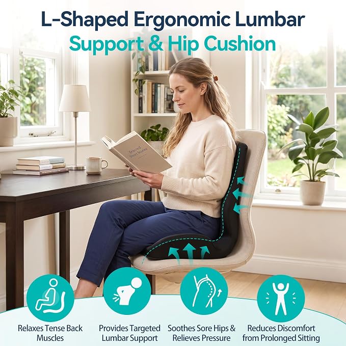 Seat Cushion with Back Support, Ergonomic Integrated Design | Memory Foam Seat Cushion with Lumbar Support Pillow, Relieves Coccyx & Sciatica Discomfort, Ideal for Office Chairs