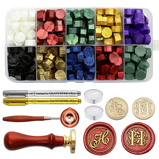 Letter Wax Seal Stamp Kit - Initial Alphabet H Stamp Head 2pcs, Vintage Monogram Stamps Wax Seal Kit with 200pcs Assorted Sealing Beads, Spoon, Metallic Gold Silver Pens