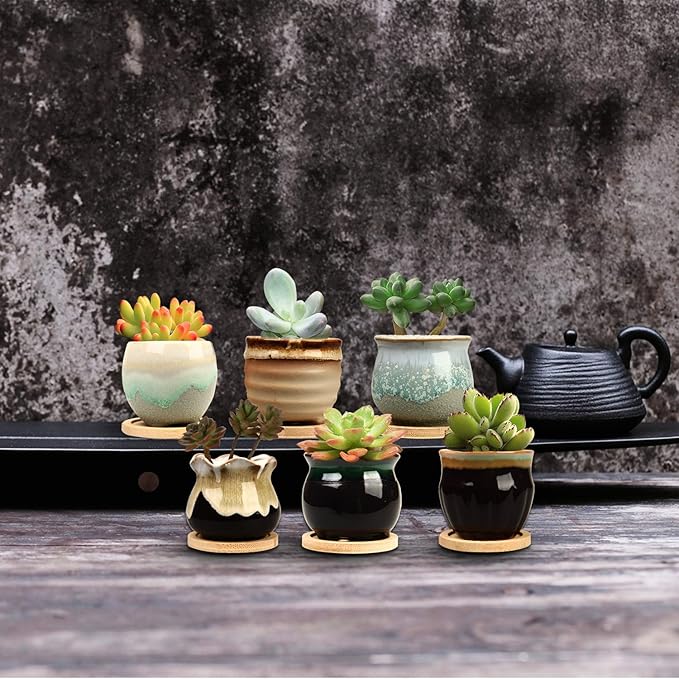 2.1 Inch Succulent Pot with Drainage,Planting/Flower Pots,Small Planter for Mini Plant Ceramic Flowing Glaze Base Serial Set with Holes