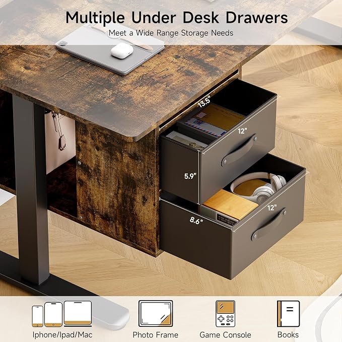 ONBRILL Standing Desk with Drawers, 63x24 Inch Electric Stand Up Desk with 3 Drawers and Open Storage Shelf, Adjustable Height 28-46 Inches for Home and Computer Workstation, Rustic Brown