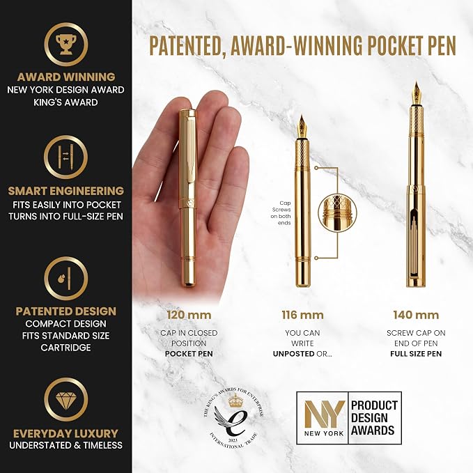 Scriveiner Gold Luxury Fountain Pen (Fine) - Award Winning - Heavy Pocket Stunning Luxury Pen, Real Gold Plating, German Nib & Converter, Nice Gift Pens for Men & Women