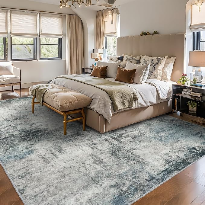 RUUGME Abstract 10X14 Washable Rug - Area Rugs for Living Room Large Indoor Ultra Thin mat for Bedroom Stain Resistant Non-Slip Backing Distressed Soft Room Farmhouse Floor Carpet 10X14 Blue