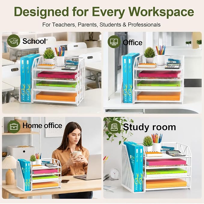4-Tier Paper File Organizer with Bookend, Metal Desk Organizer, Tiered Paper Tray for Letter/A4 Files, Desktop Office Supplies Storage Rack for Home Office, Classroom, School & Work, White